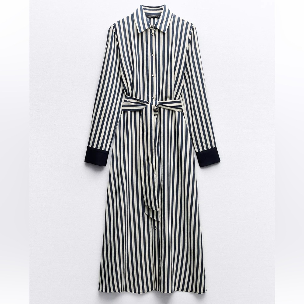 Zara Navy and White Striped Long Sleeve Dress